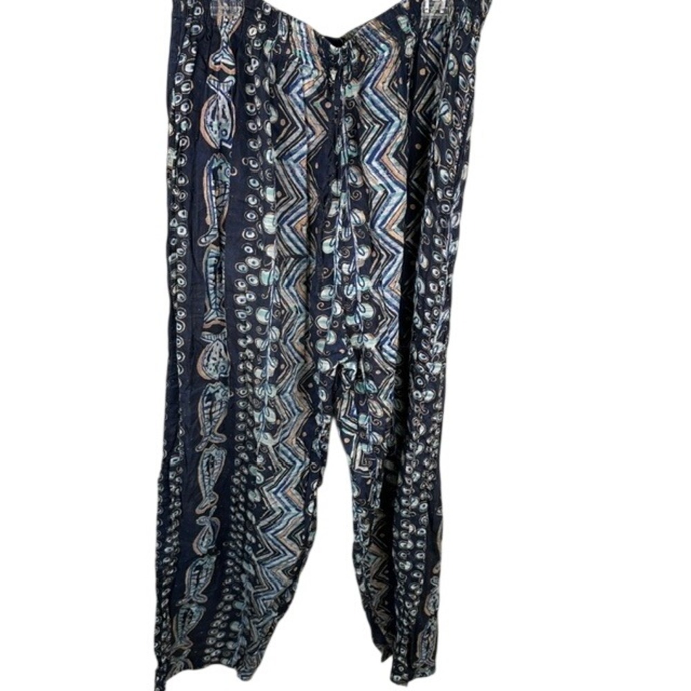 Peppermint Bay Cotton Printed Pants Navy Blue Geometric Fish Drawstring Waist L